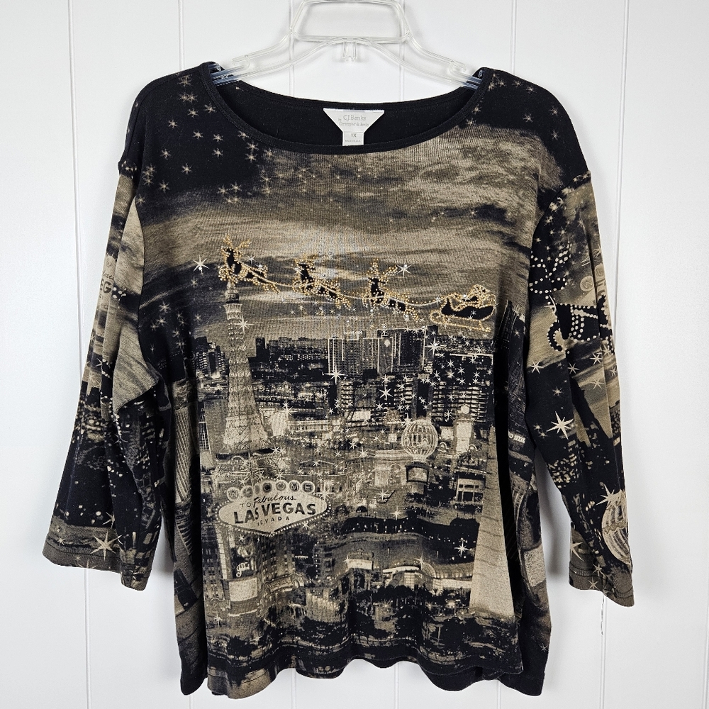 Cj Banks Christmas Shirt Black Tan 3/4 Sleeves Boat Neck 1x Las Vegas Holiday